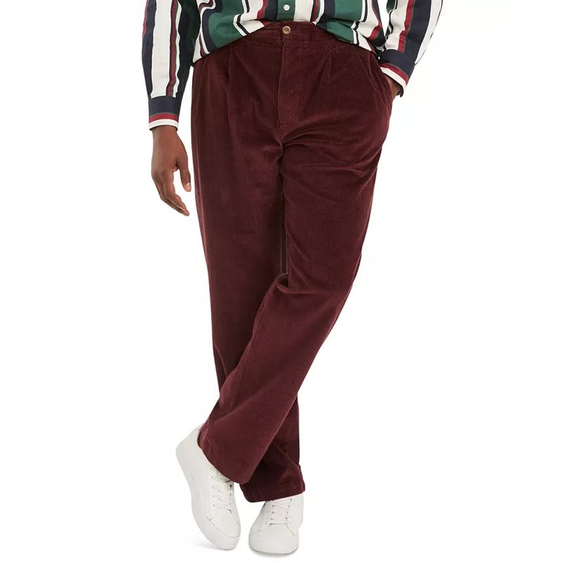 Tommy Hilfiger Men's Double Pleat Corduroy Pants 40 x 32 Burgundy Wine Red