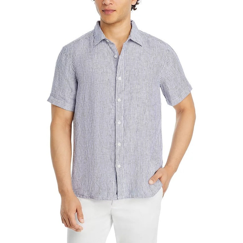 Vineyard Vines Stripe Mens Linen Short Sleeve Button Down Shirt Blue White Small