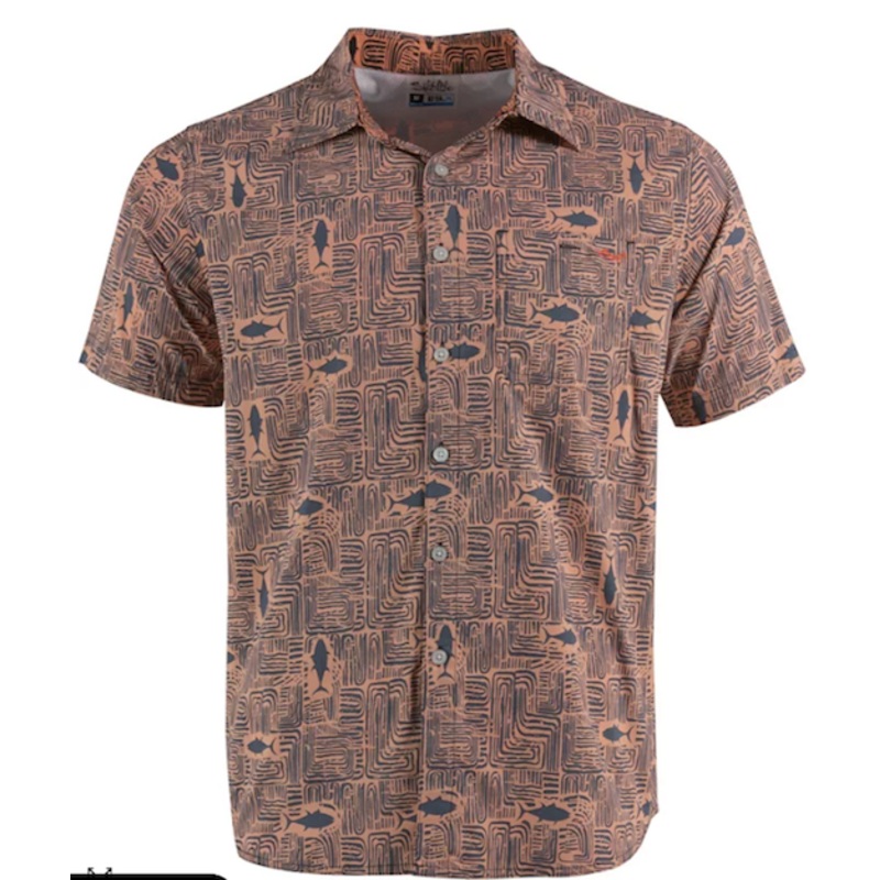 Salt Life Men's Tiki Tuna Woven Short Sleeve Button Down Shirt Orange Multi XL