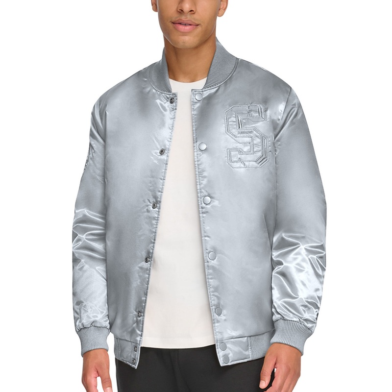 Starter Men's Classic Fit Tonal Satin Varsity Bomber Jacket Coat Grey Large