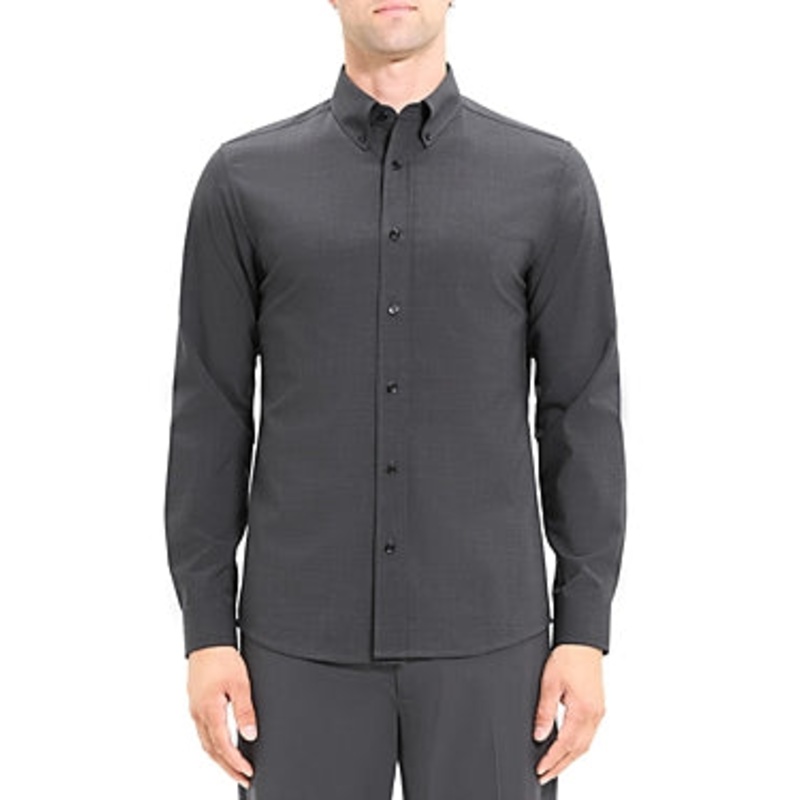 Theory Mens Hugh Wool Blend Slim Fit Dress Shirt Medium Charcoal Grey