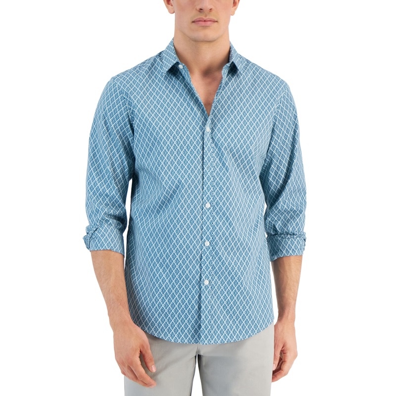 Alfani Men's Geo Print Long Sleeve Button Down Shirt Large Blue