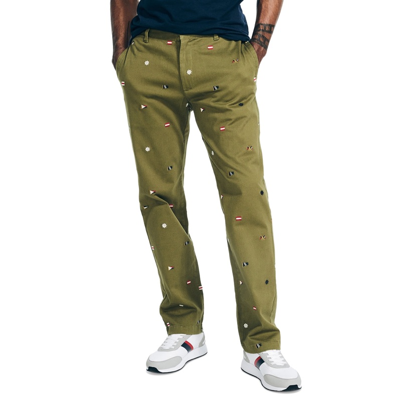 Nautica Men's Classic Fit Embroidered Flag Chino Pants Olive Green 32 x 30