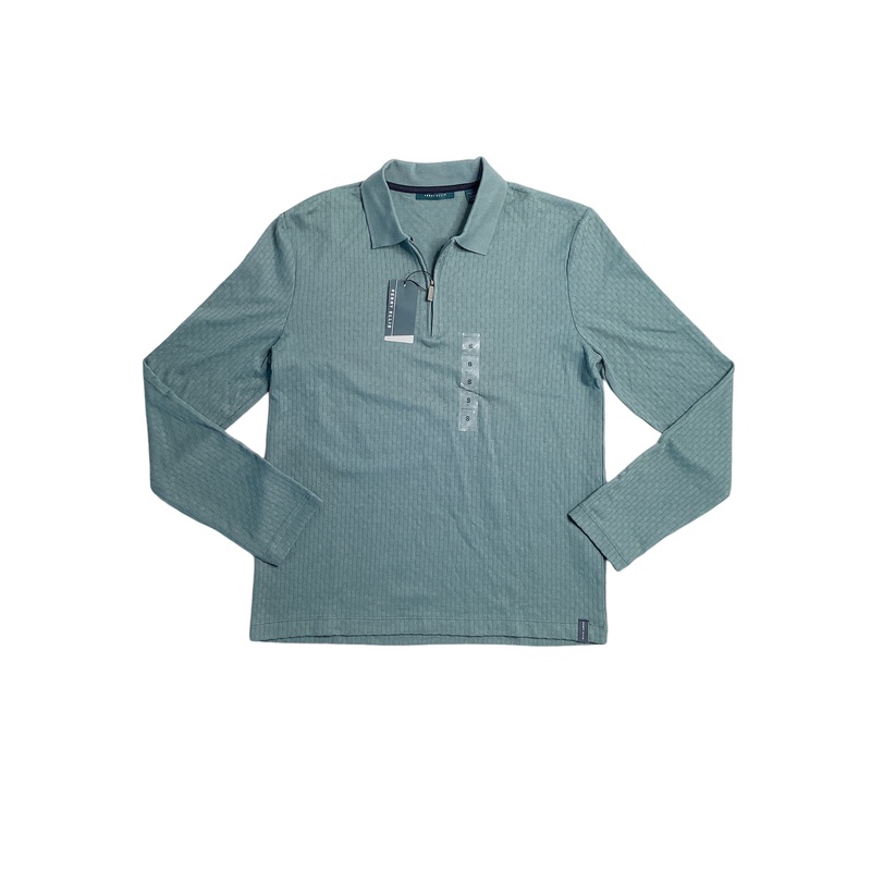 Perry Ellis Men's Long Sleeve Jacquard Quarter Zip Polo Shirt Goblin Blue XL