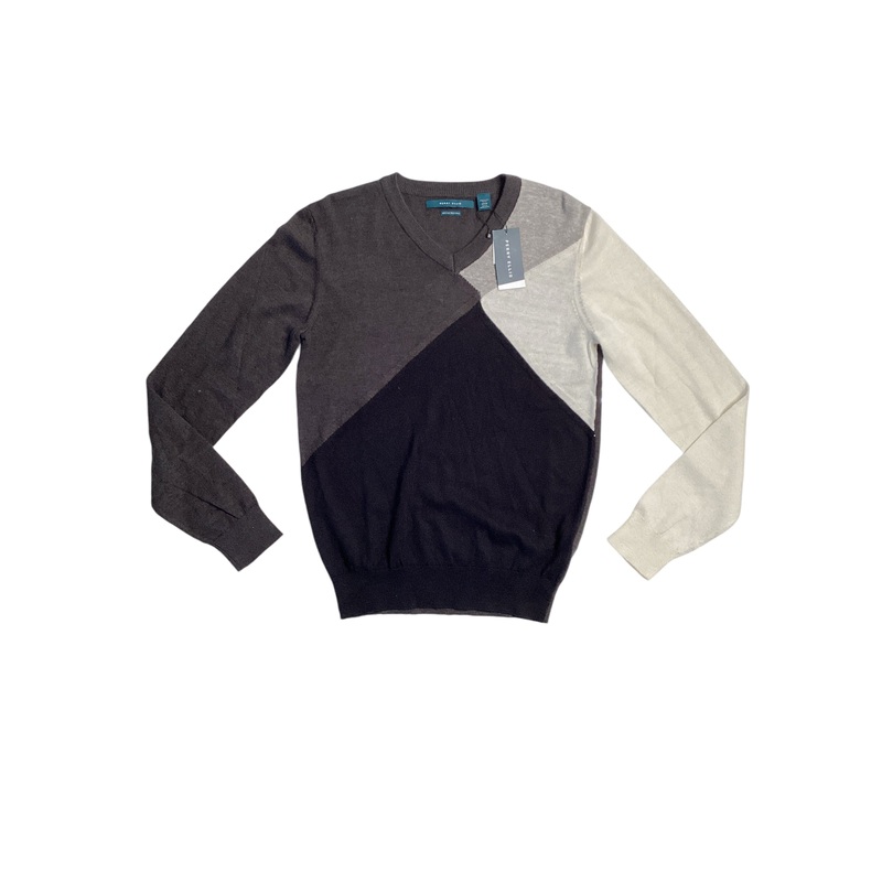 Perry Ellis Mens Colorblock V Neck Sweater Black Multi Small