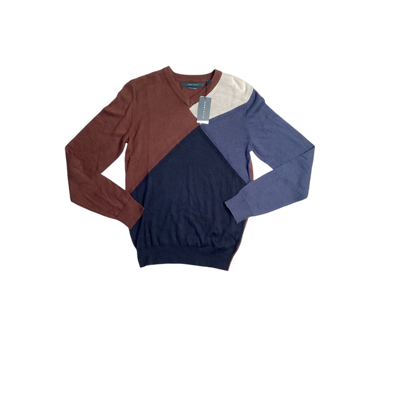 Perry Ellis Mens Colorblock V Neck Sweater Brown Blue Multi Small