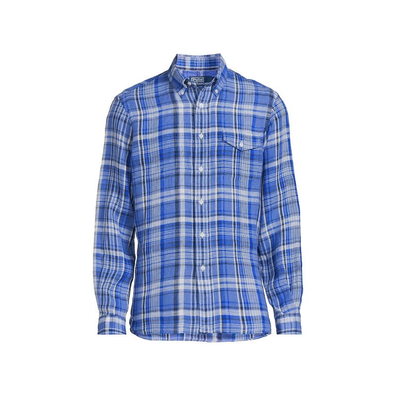 Polo Ralph Lauren  Mens Plaid Long Sleeve Linen Button Down Shirt Blue Large