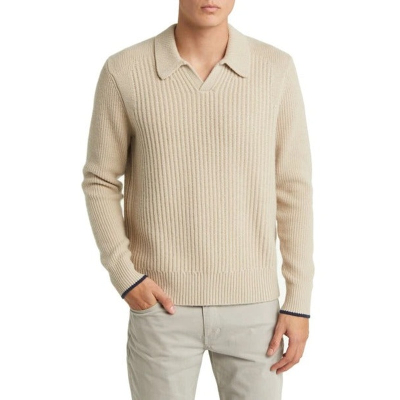 Ted Baker Mens Open Collar Ribbed Polo Sweater Beige EU 5 US XL Wool
