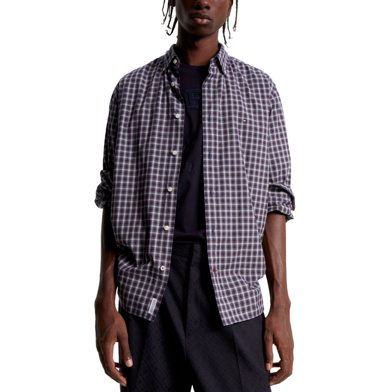Tommy Hilfiger Mens Natural Mini Tartan Button Down Shirt Blue 2XL