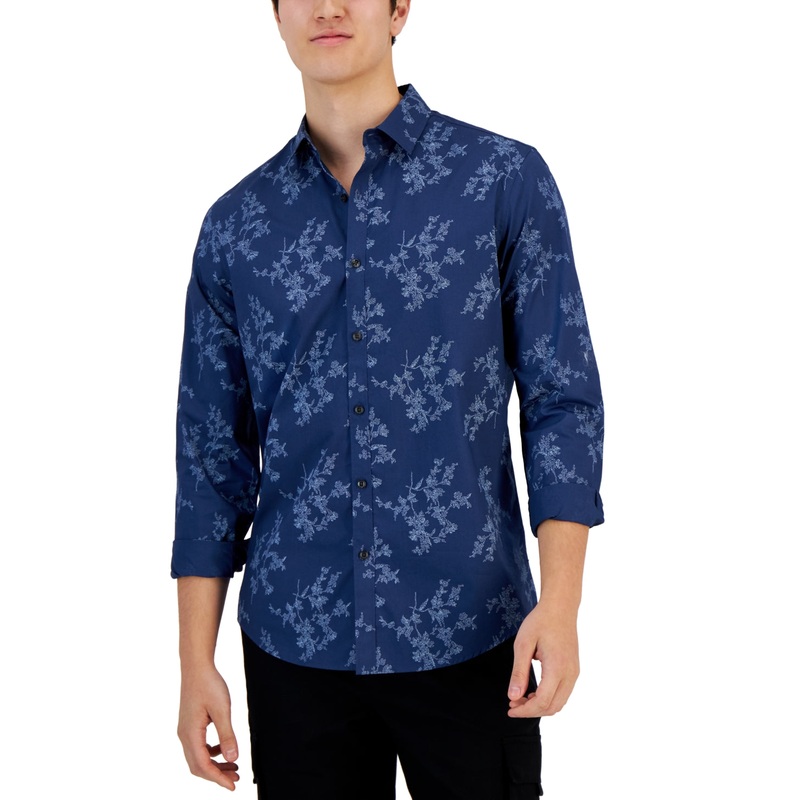 Alfani Men's Floral Print Nude Button Down Shirt Polished Nude BlueXL