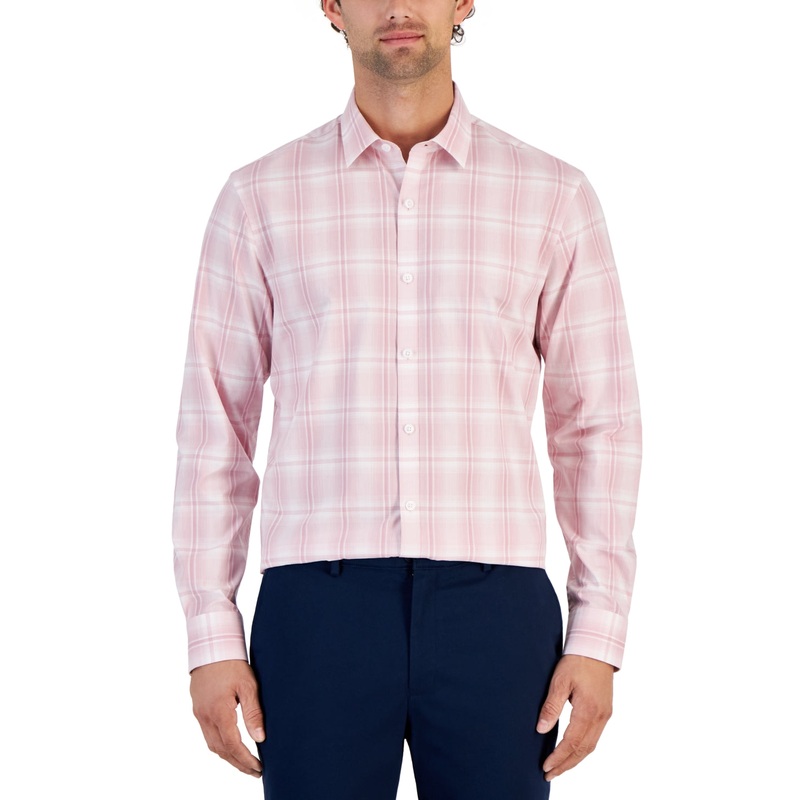 Alfani Men's  Plaid Print Long Sleeve Button Down Shirt Pink  3XL