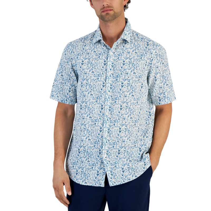 Alfani Men's Regular Fit Textured Geo Print Button Down Shirt  Blue 2XL