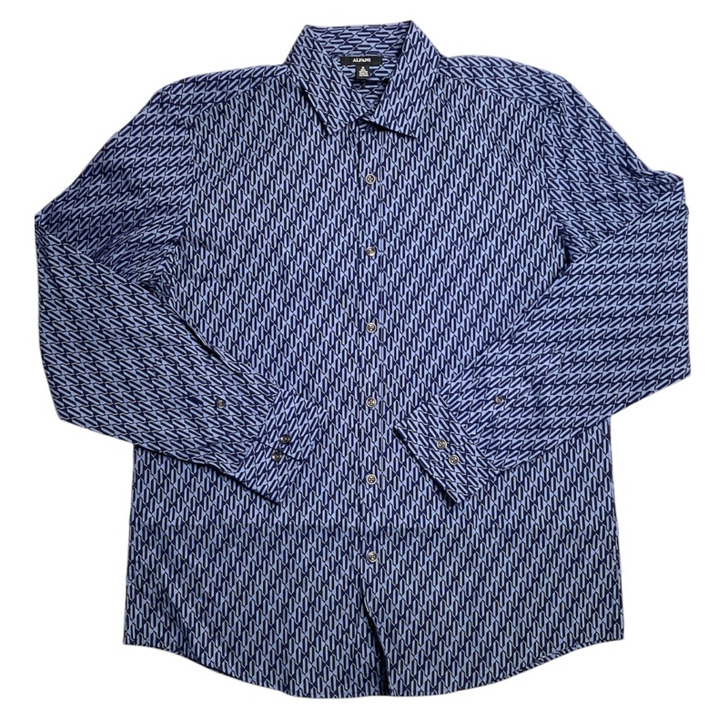 Alfani Mens Geometric Print Long Sleeve Button Down Shirt Blue Medium