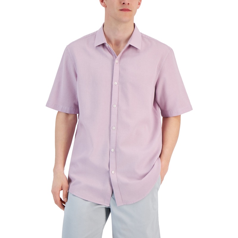 Alfani Mens Short Sleeve Textured Button Down Shirt Purple Medium