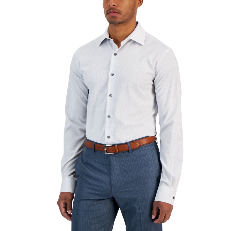 Alfani Mens Slim Fit Geo Print Button Down Dress White Grey 14 14.5 32 33