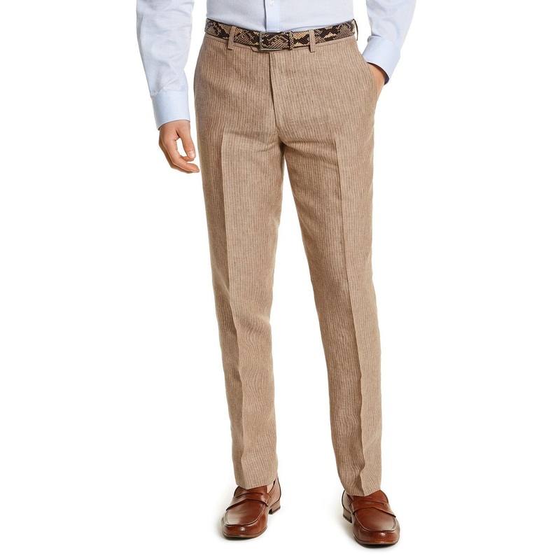 Bar III Men's Slim-Fit Tan Pinstripe Linen Dress Pants 32 x 30
