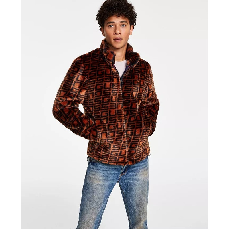 GUESS Men's Logo-Print Faux-Fur Zip-Up Hooded Jacket XL Brown Black
