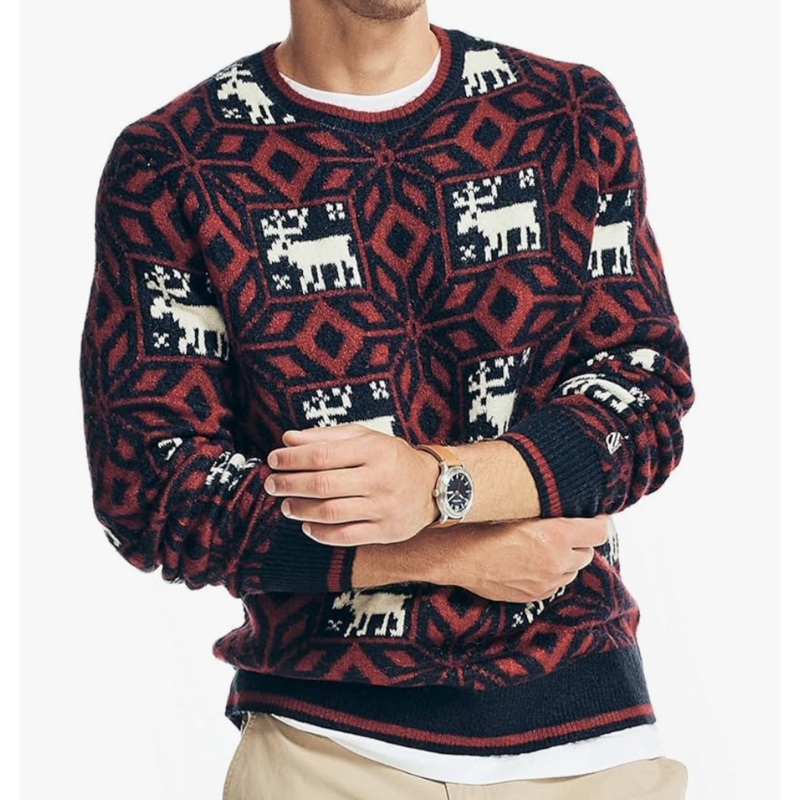 Nautica Reissue Moose Print Crewneck Sweater Dark Blue Medium