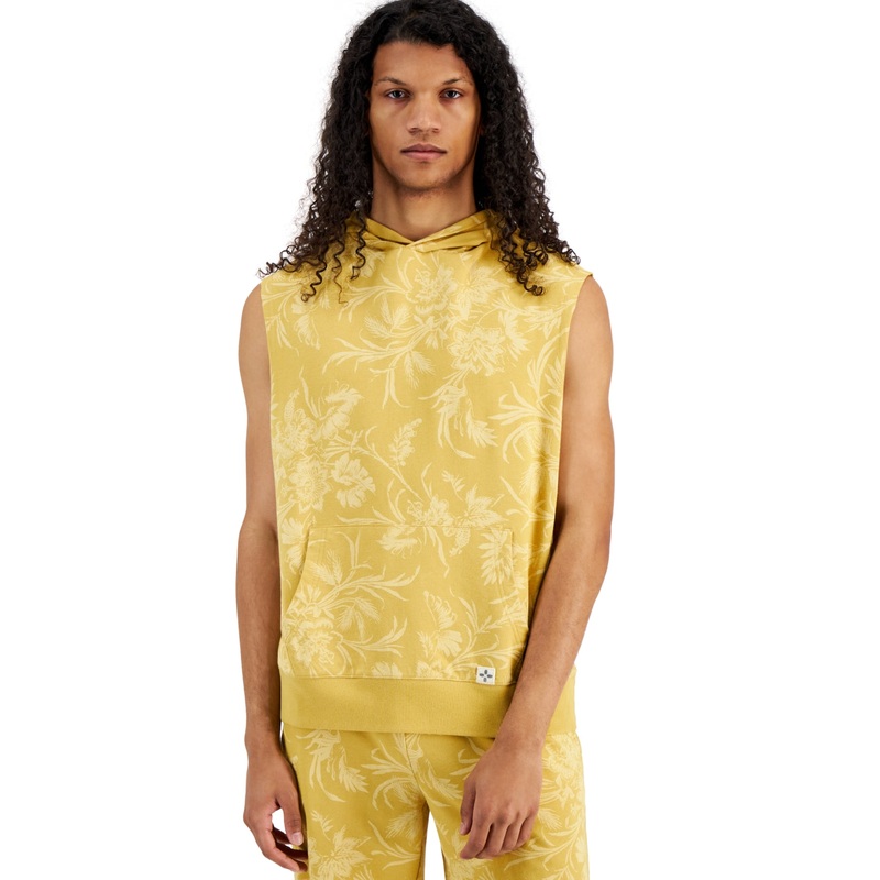 Sun Stone Men's Regular Fit Tropical Sleeveless Hoodie Sweatshirt Yellow Large
