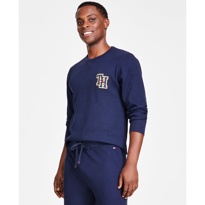 Tommy Hilfiger Mens Waffle Knit Long Sleeve Pajama Shirt Navy Blue Medium