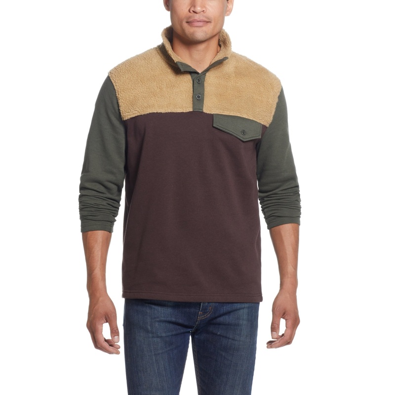 Weatherproof Vintage Men's Knit Sherpa Mixed Pullover Sweater Brown Large