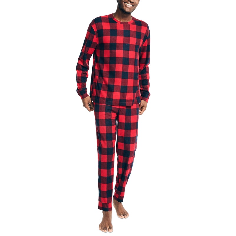 Nautica Men's 2 Pc Relaxed Fit Waffle Pajama Set Shirt Pants Red Black Medium