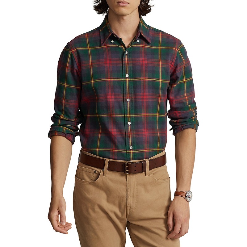 Polo Ralph Lauren Mens Button Down Plaid Sueded Flannel Shirt Green Red Medium