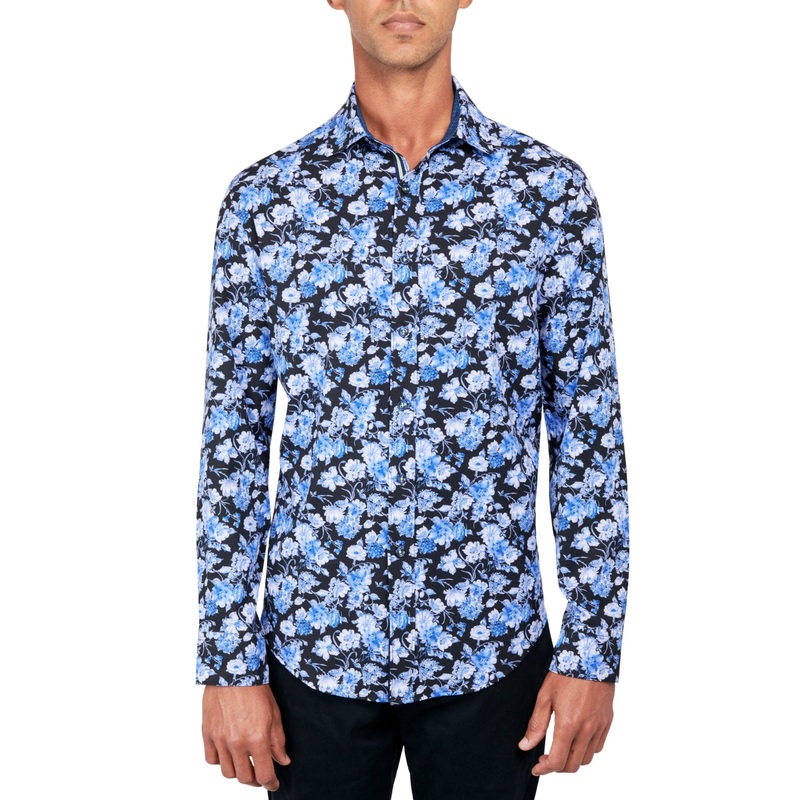 Society of Threads Men's Non Iron Floral Print Button Down Shirt Blue Medium