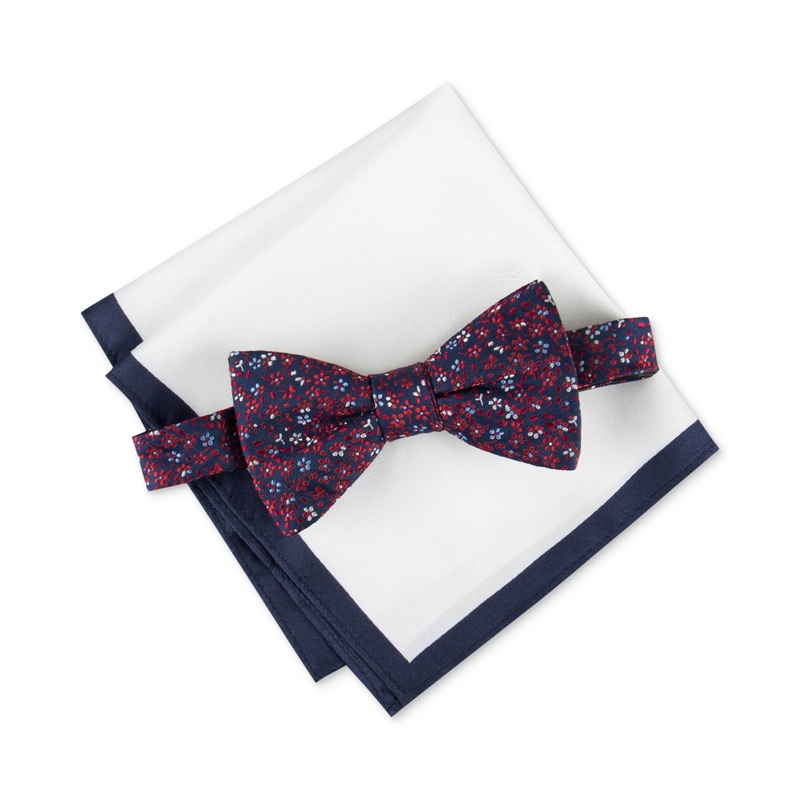 Tommy Hilfiger Mens Necktie Botanical Bow Tie Navy Red