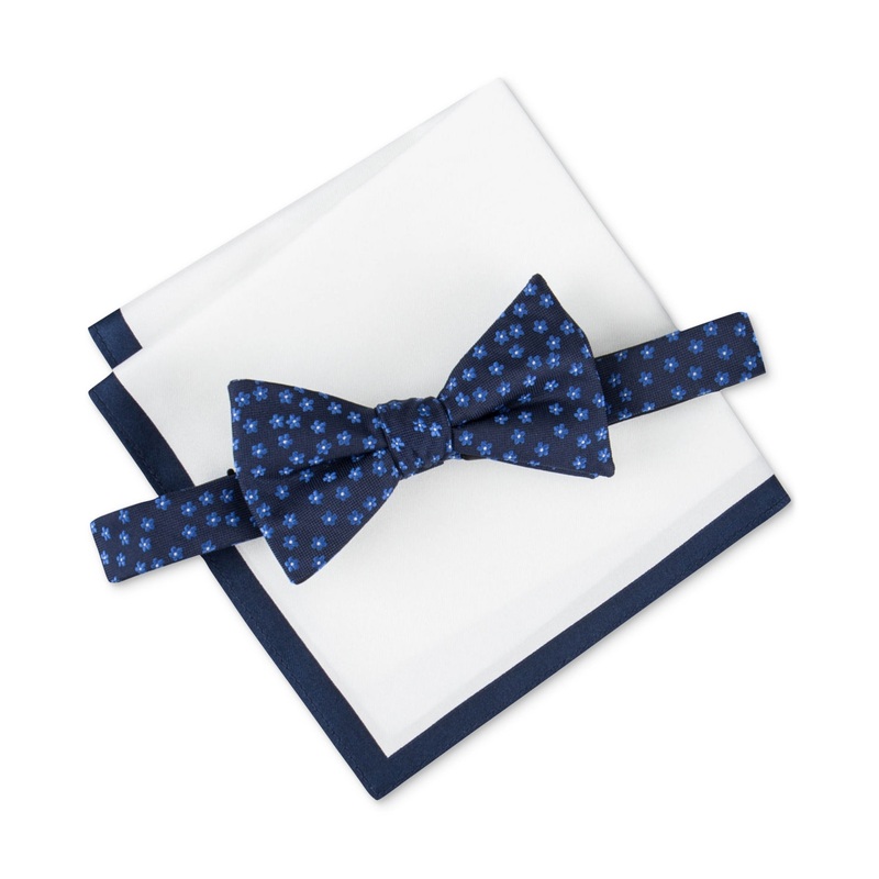 Tommy Hilfiger Mens Necktie Floral Bow Tie Pocket Square Blue