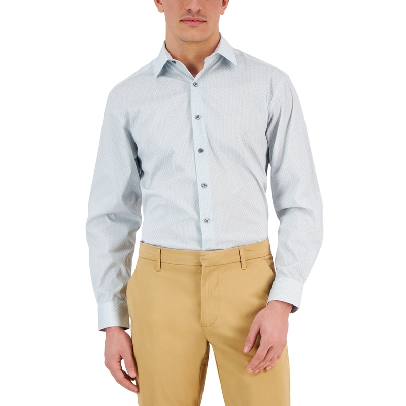 Alfani Men's Regular Fit 2 Way Stretch Honeycomb Dress Shirt White Teal Blue 16