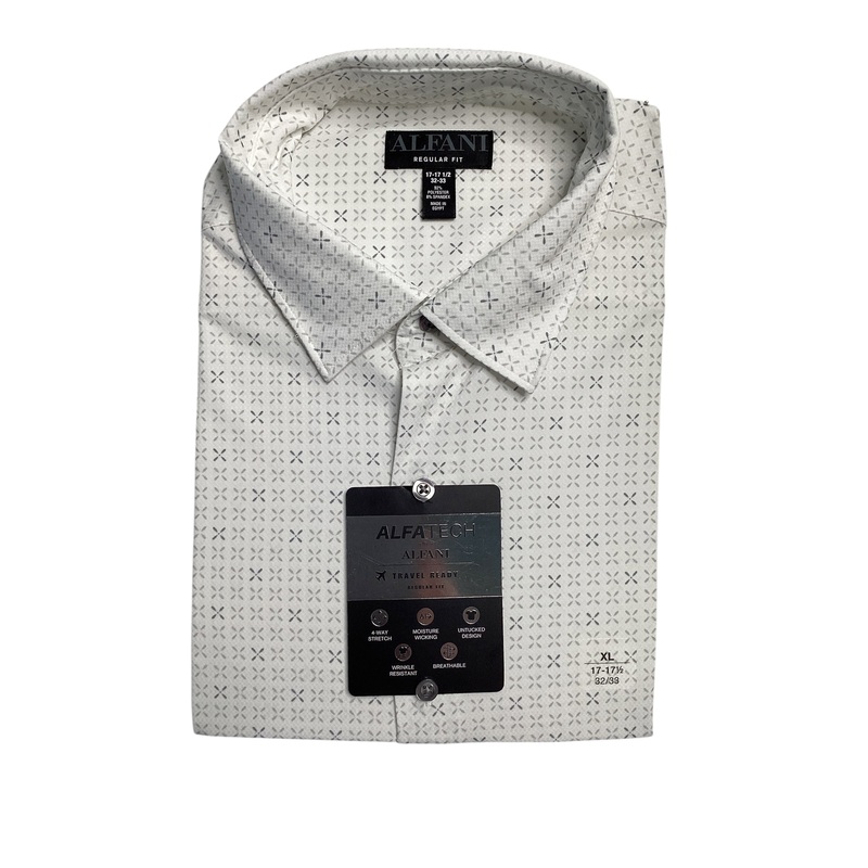 Alfani Men's Regular Fit Travel Geo Print Dress Shirt White Grey 17 17.5 36 37