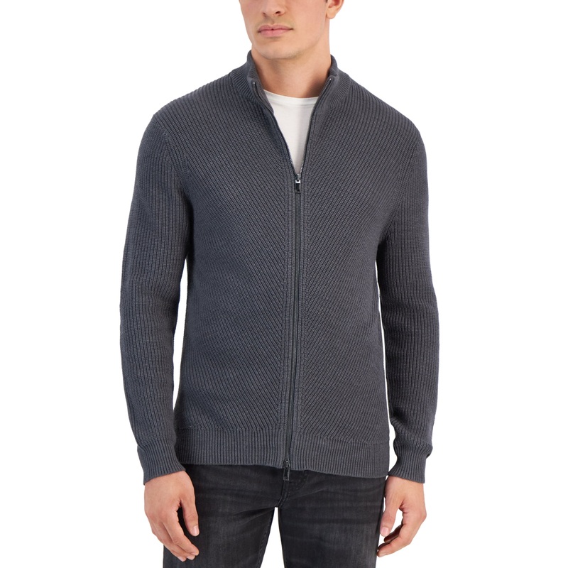 Alfani Mens Heavy Rib Zip Front Sweater Dark Lead Heather Blue  Medium