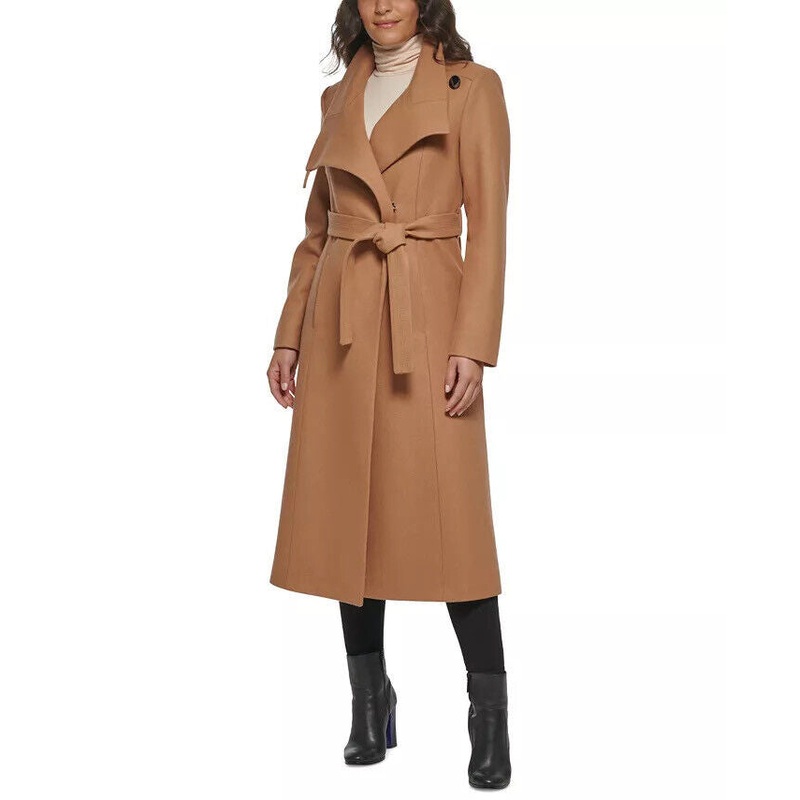 KENNETH COLE Women's Asymmetric Maxi Coat Camel 2 Wool NO BELT