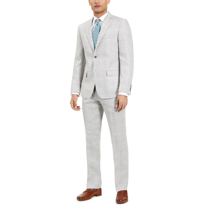 LAUREN RALPH LAUREN Men's Sport Coat 42R Classic-Fit Linen Light Gray Blue Plaid