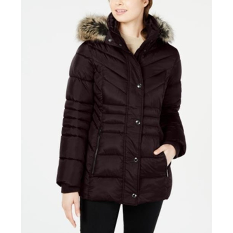 LONDON FOG Womens Hooded Faux-Fur-Trim Puffer Coat XL Burgundy