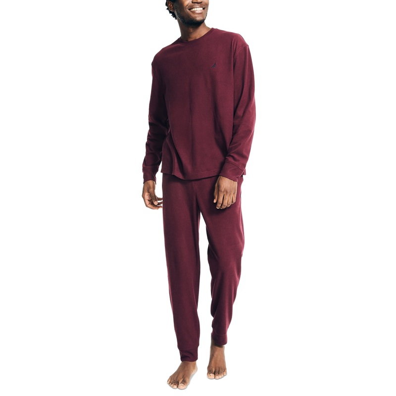 Nautica Men's 2-Pc. Relaxed Waffle T Shirt Pajama Pants Set Large Burgundy Red