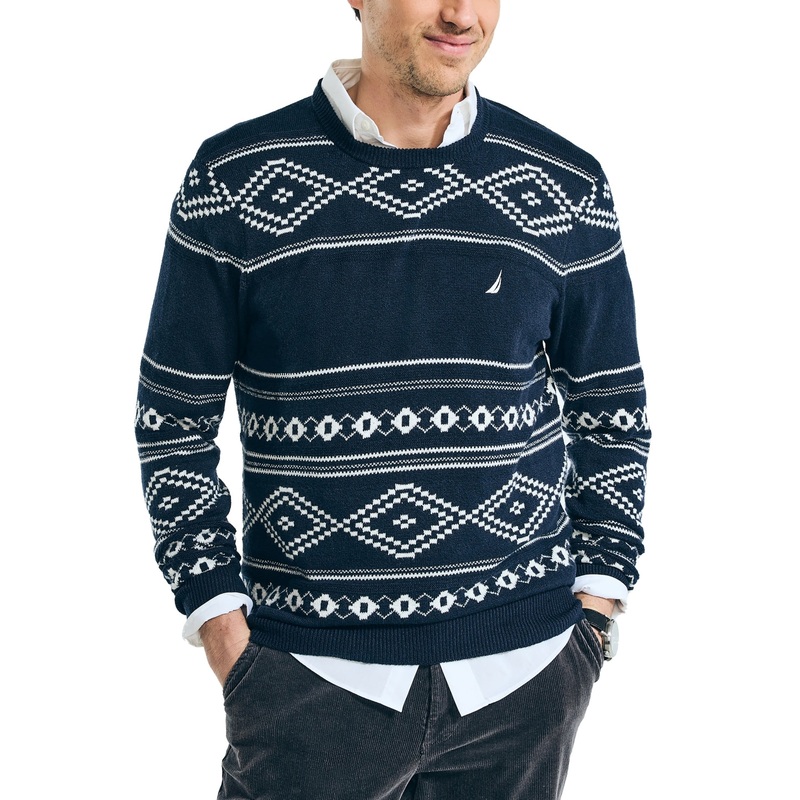 Nautica Mens Fair Isle Crewneck Sweater Navy Blue XL