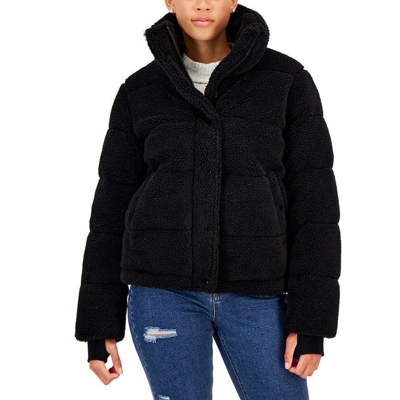 S13 Women's Lily Sherpa Stand-Collar Puffer Coat Large Solid Black
