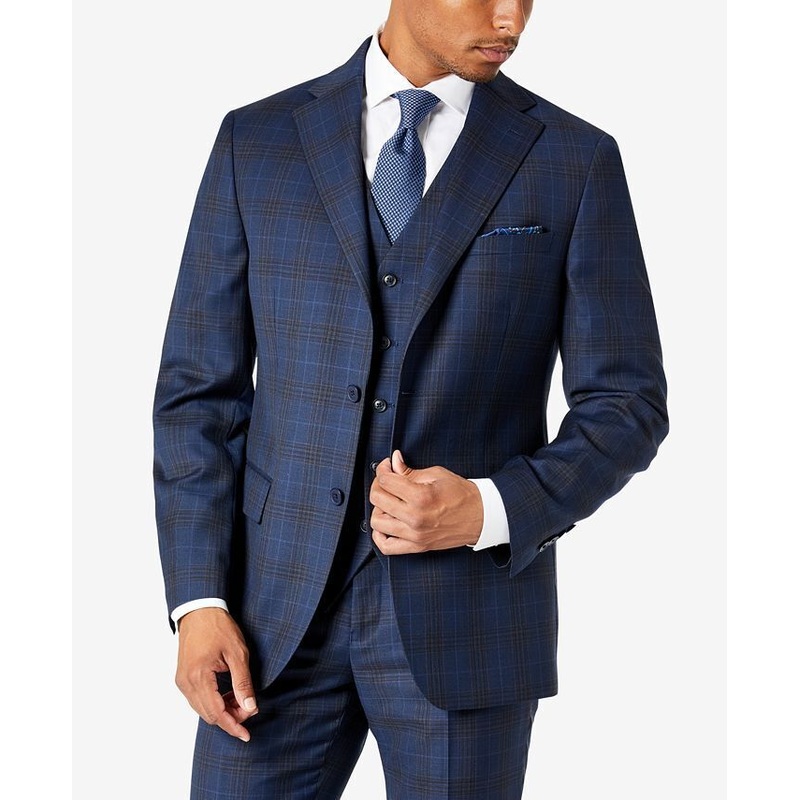 TALLIA Men's Slim-Fit Plaid Suit Jacket 38R Navy Blue Brown