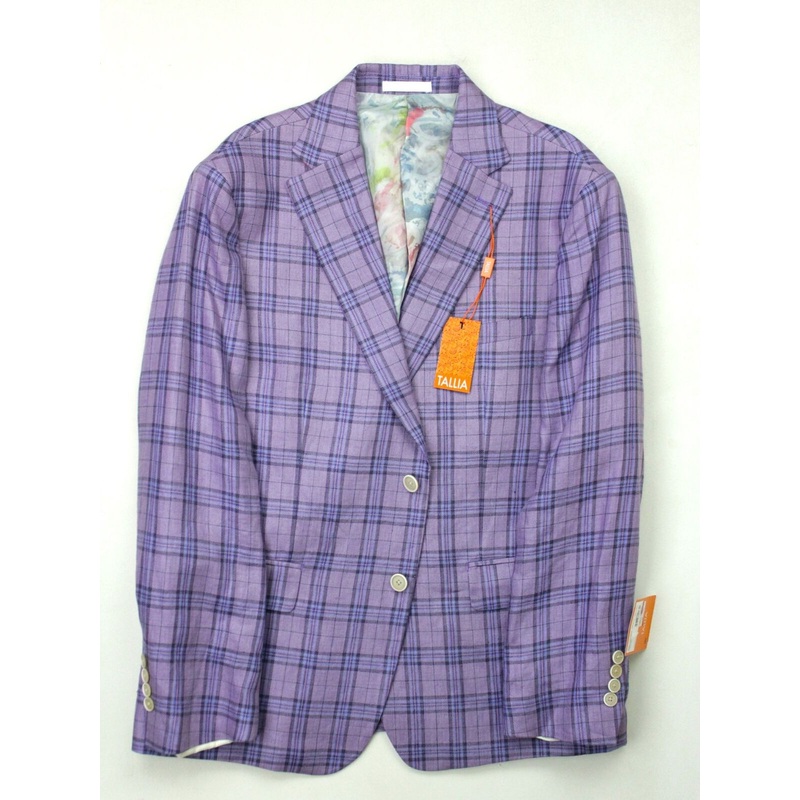 Tallia Mens Slim Fit Linen Sport Coat Blazer 42R Purple Plaid