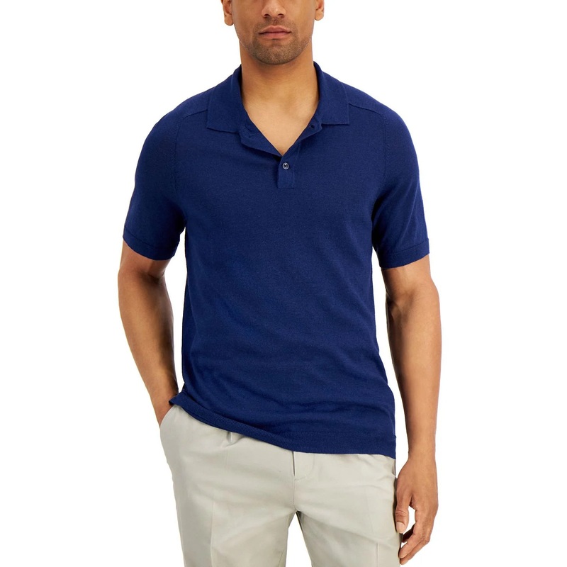 Tasso Elba Men's Sweater Knit Linen Polo Shirt Navy Blue Combo  Medium