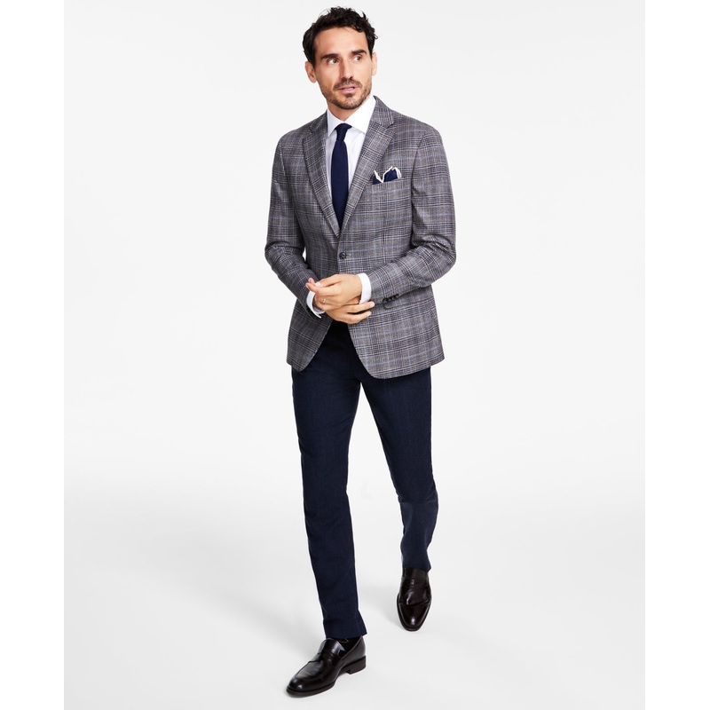 Tommy Hilfiger Mens Modern Fit Plaid Sport Coat Blazer Grey Blue 36R
