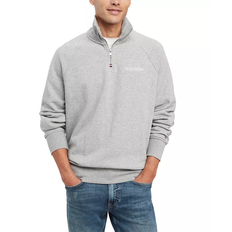 Tommy Hilfiger Mens Quarter Zip Long Sleeve Sweatshirt Light Grey Heather Small