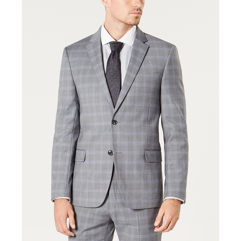 Tommy Hilfiger Suit Jacket ONLY 38L Modern-Fit TH Flex Stretch Gray Blue Plaid