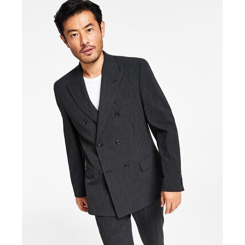 ALFANI Men's Slim-Fit Double-Breasted Pinstripe Suit Jacket 46R Black
