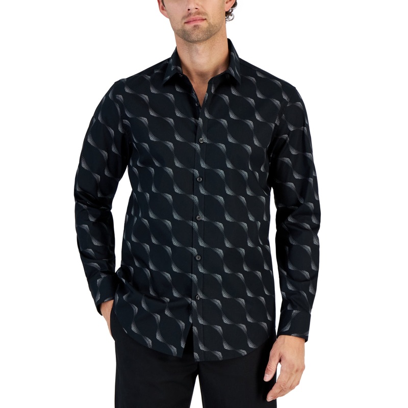 Alfani Men's Wave Print Long Sleeve Button Down Shirt Black Medium