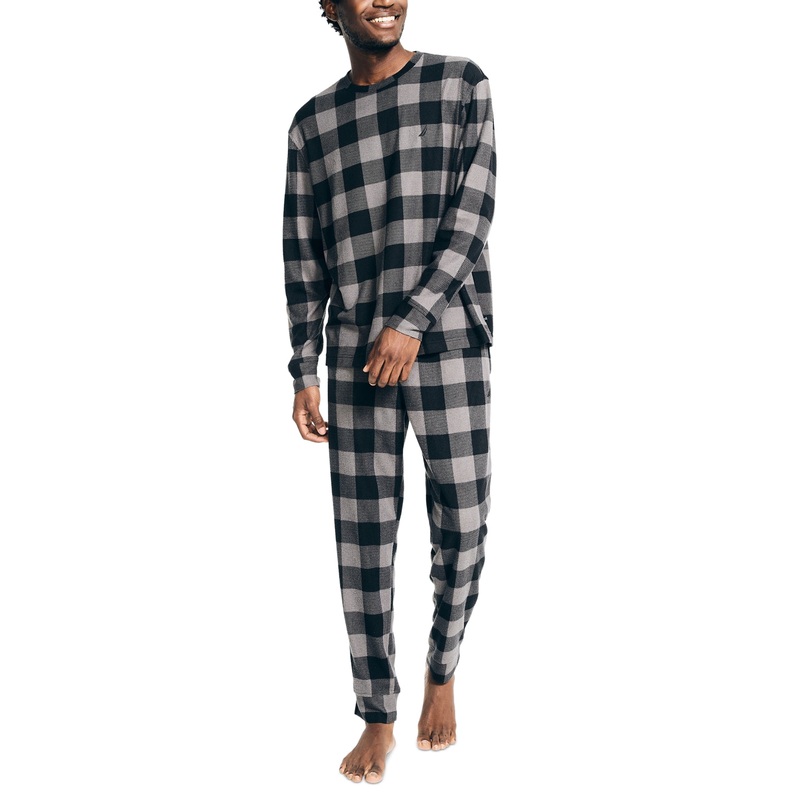 Nautica Men's 2-Pc. Relaxed Waffle-Knit T Shirt Pajama Pants Set XL Grey Plaid