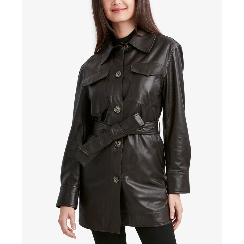 Tahari Women's Liv Leather Shirt Jacket Belted XL Chocolate Brown