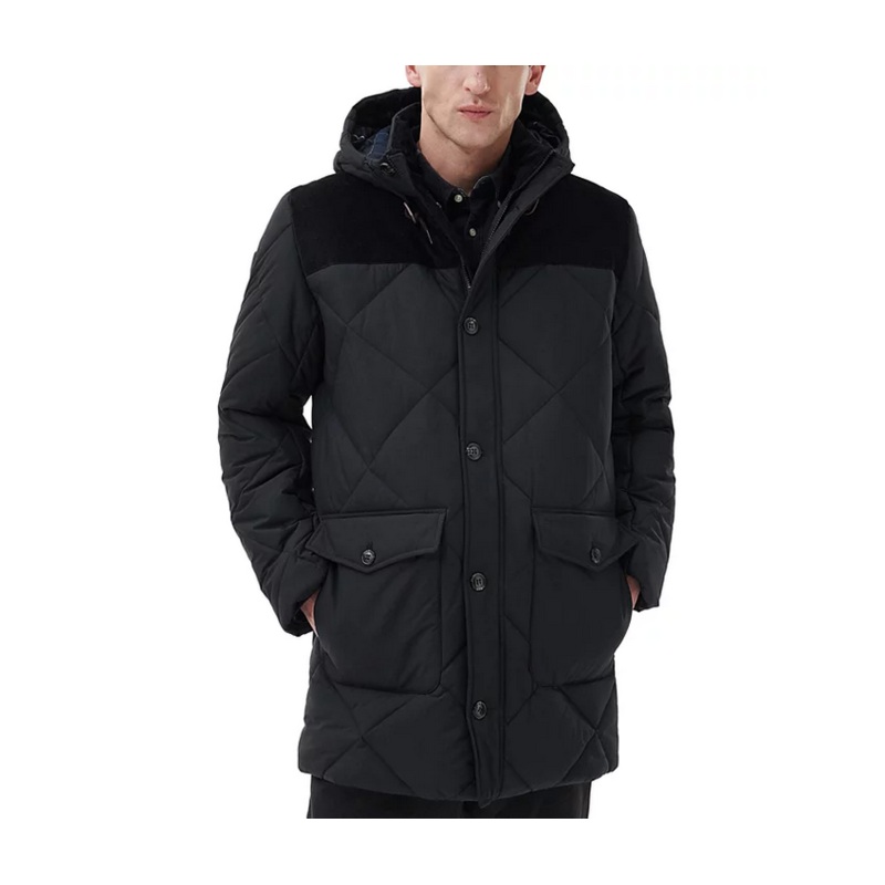 Barbour Men's Elmwood Box Quilted Hooded Full Zip Parka Coat Black XL